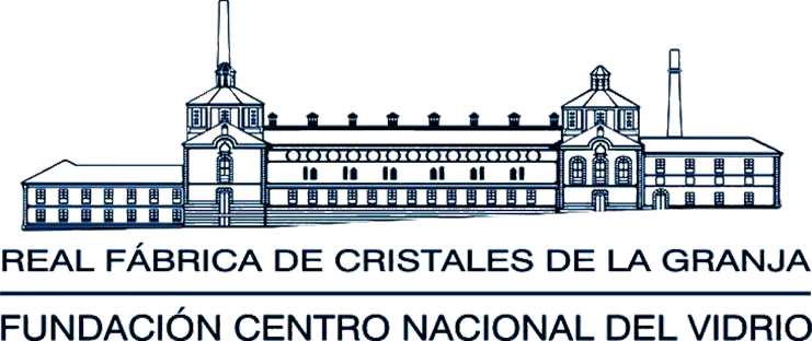 Logo de la Real Fábrica de Cristales de la Granja . Consiste en un dibujo vectorial y frontal de la fábrica, comuesta por columnas y ventanas, con un estilo francés.